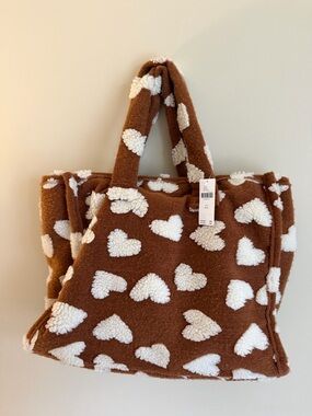 Anthropologie Brown and White Heart Sherpa Tote